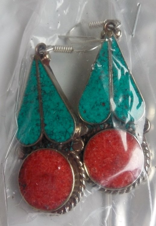 Серьги тибетские металл, коралл, бирюза №3, 10 см.